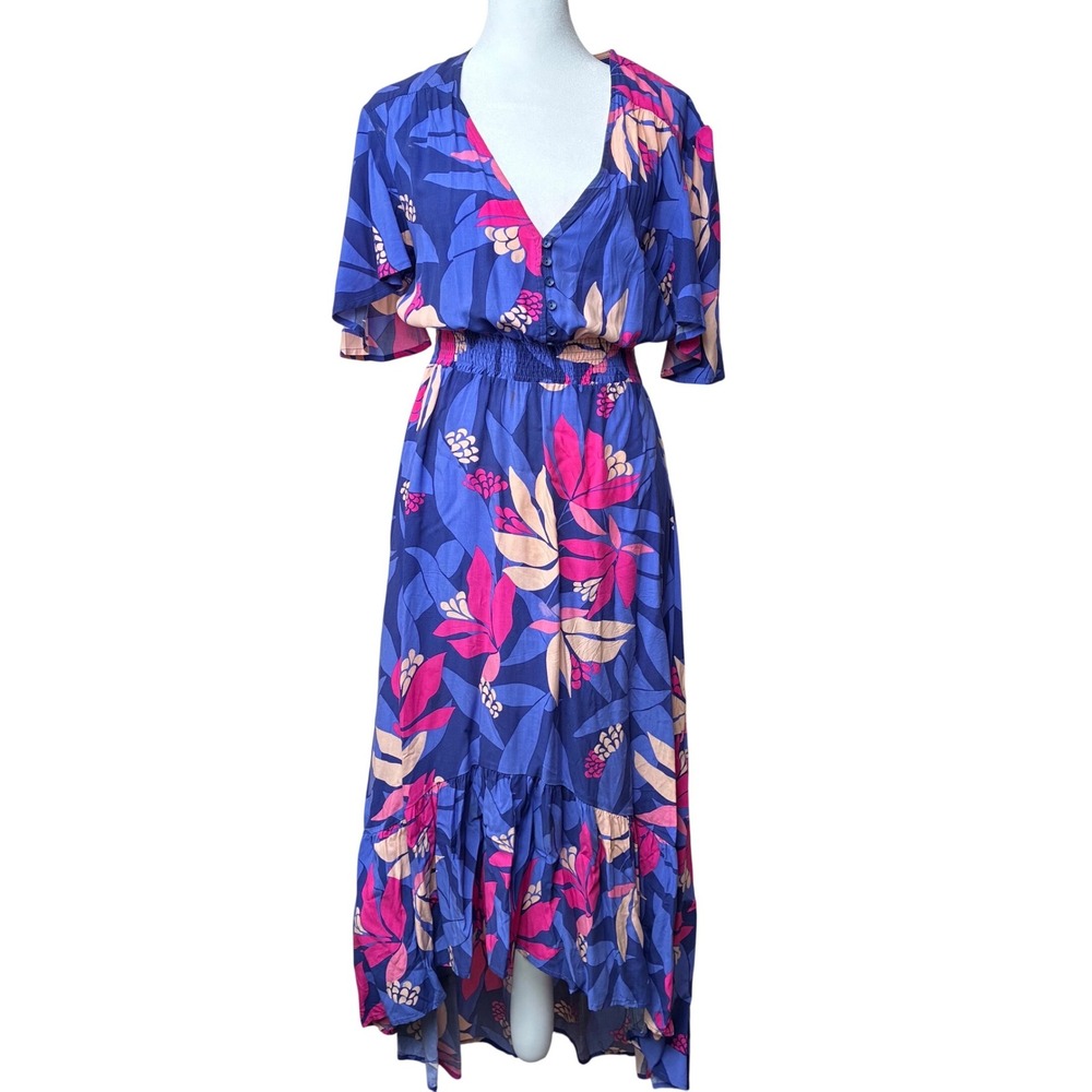 Tropical Floral V-Neck Maxi Dress Blue Pink Smocked Waist High-Low Ruffle Hem